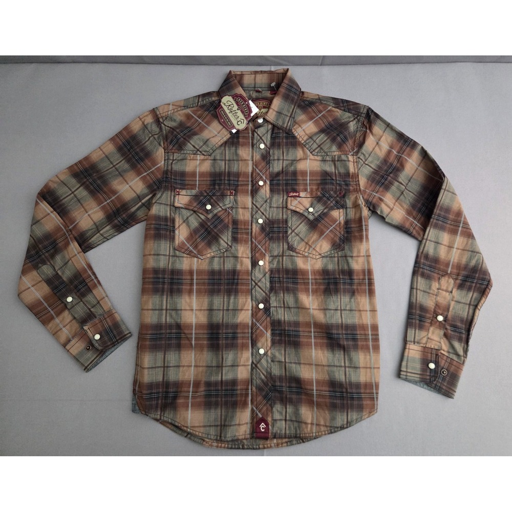 Rafter C Shirt Mens Small Brown Plaid Western Cowboy Pearl Snap Red Dirt Polo